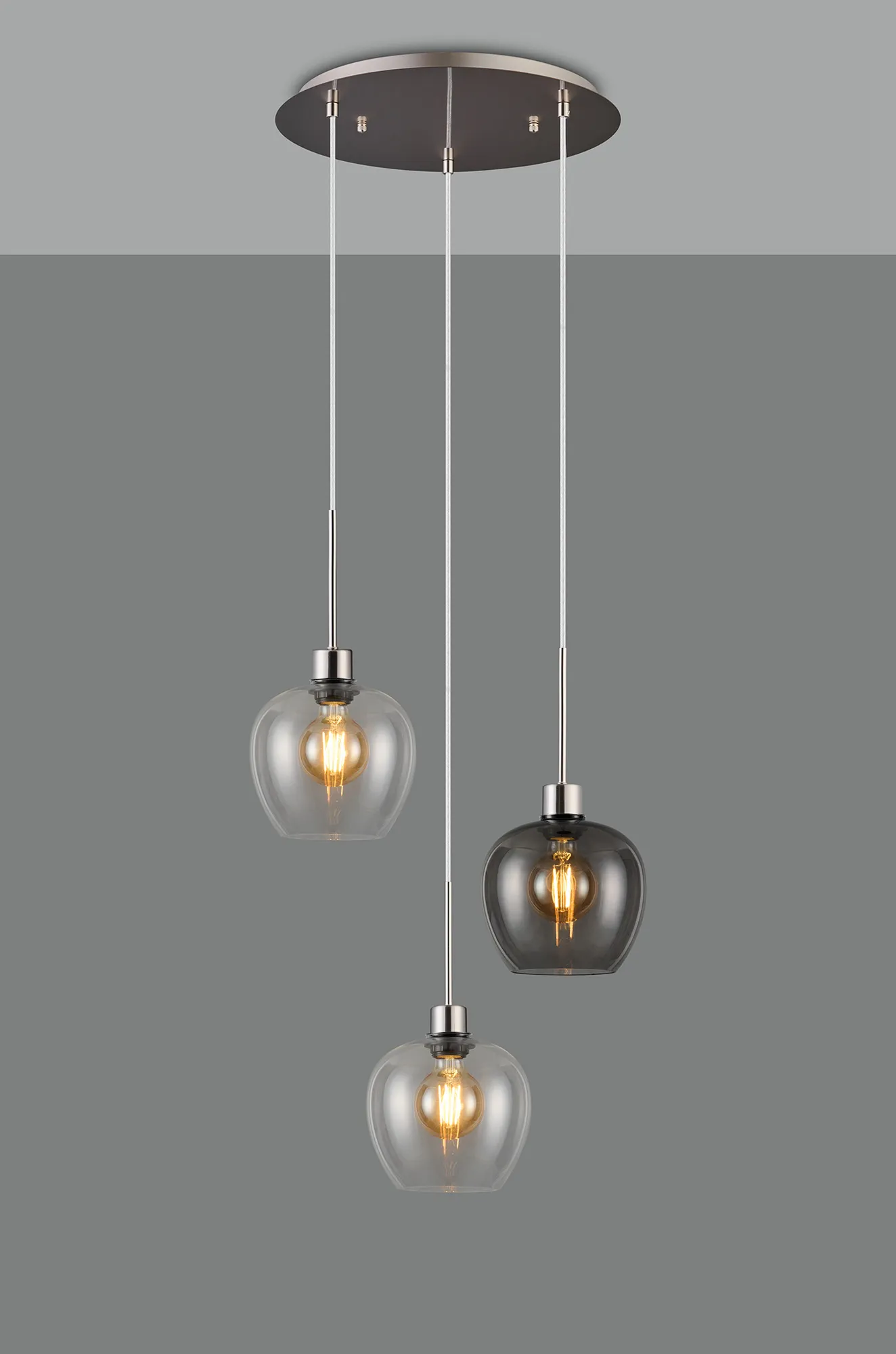 Lori 40cm Round Pendant, 3 Light Adjustable E27, Satin Nickel/Clear/Smoke Wine Shades DK1372  Deco Lori Satin Nickel
